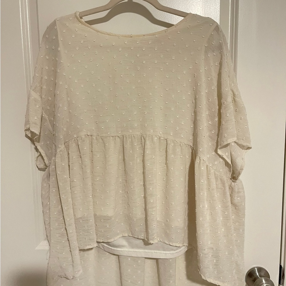 L, cream, textured overlay, polyester under shirt attached, high low, blouse